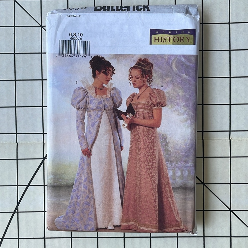 Butterick 6630 Making History dress patterns, sz 6, 8, 10, c2001, Regency style
